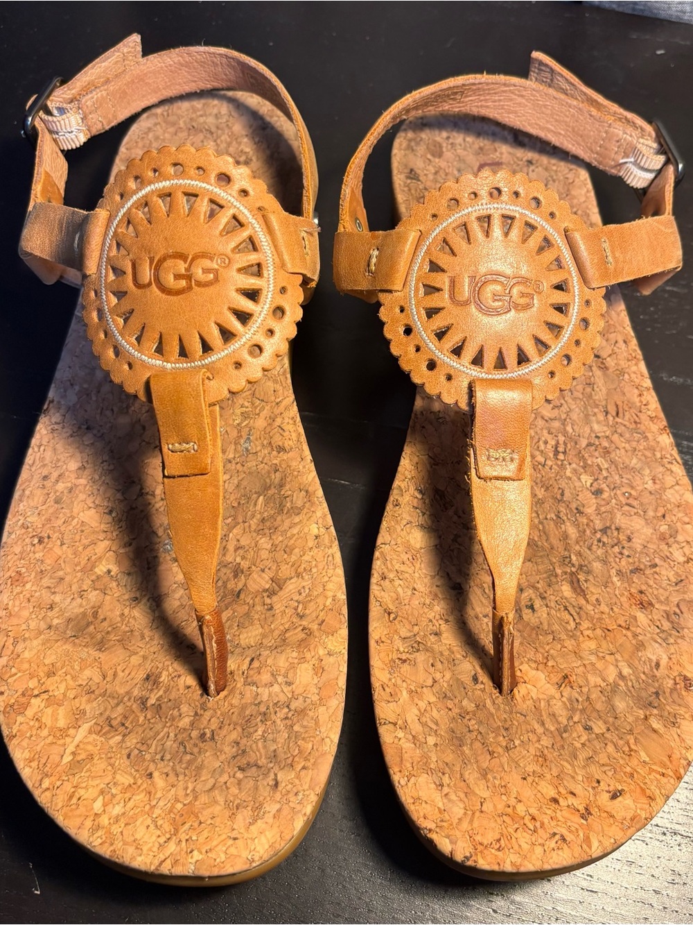 UGG Women's Tan Cork Thong Sandals with Medallion Detail - Picture 1 of 10